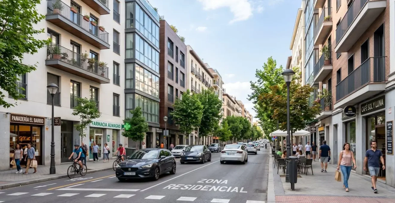 Vista panorámica de una calle residencial contemporánea en el distrito de Chamberí, Madrid, con edificios modernos de fachadas claras bajo luz natural diurna