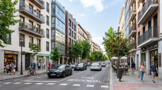 Vista panorámica de una calle residencial contemporánea en el distrito de Chamberí, Madrid, con edificios modernos de fachadas claras bajo luz natural diurna