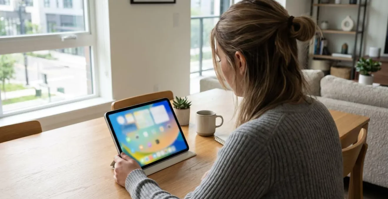 Vista por encima del hombro de una persona consultando datos en una tableta sobre mesa de madera moderna con luz natural lateral